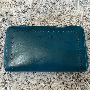 NWOT Roulens Dark Teal Exterior Brown Interior Zipper Wallet Faux Leather‎ Wide